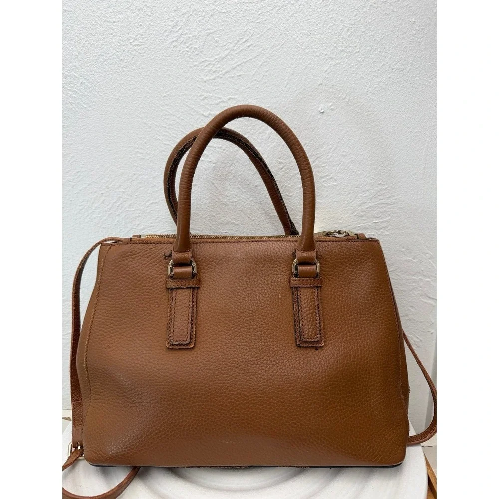 Tory Burch Brown Leather Satchel Crossbody Double Zip Logo Bag